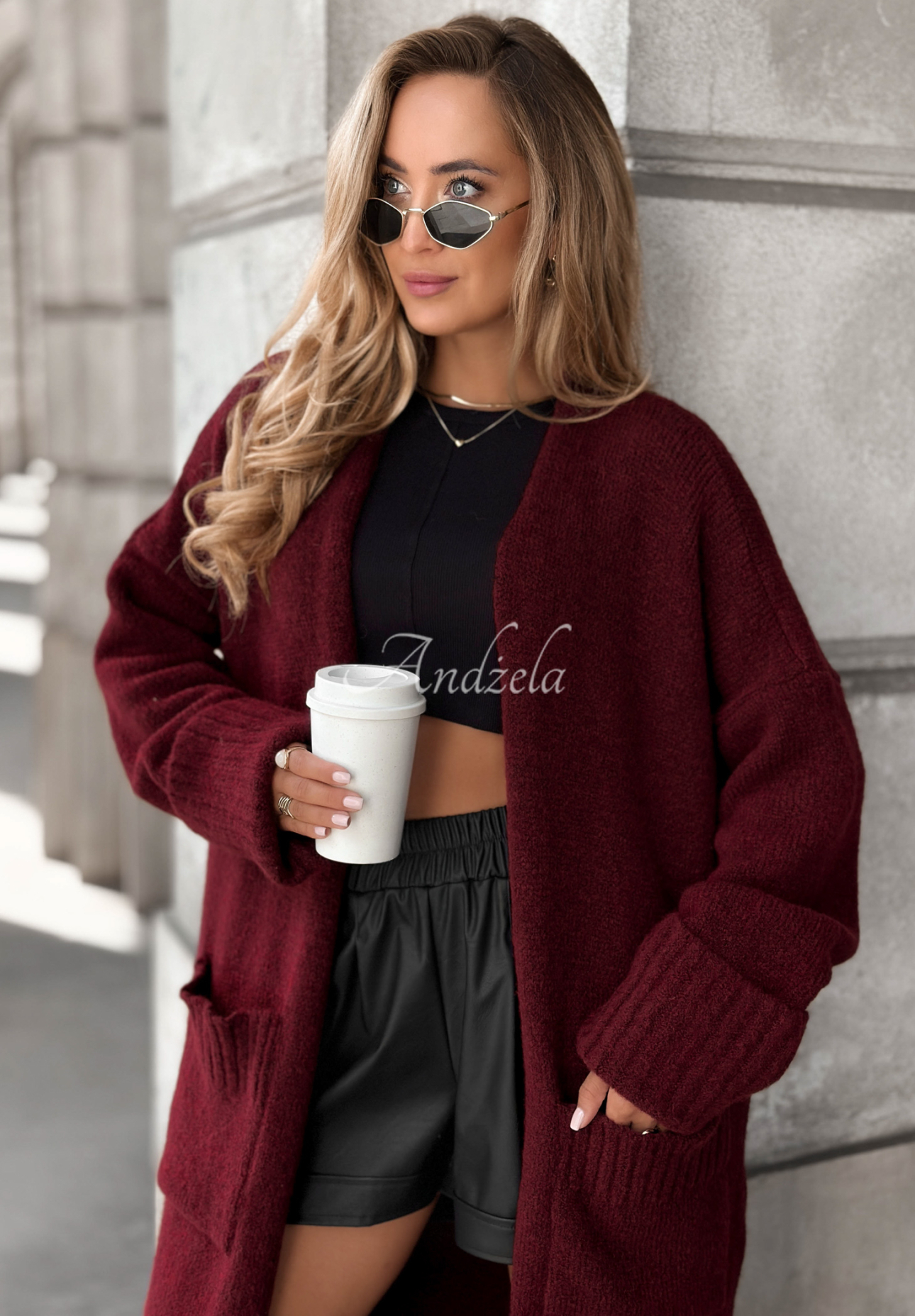 Lange oversized Strickjacke mit Taschen Marbelio Burgunderrot