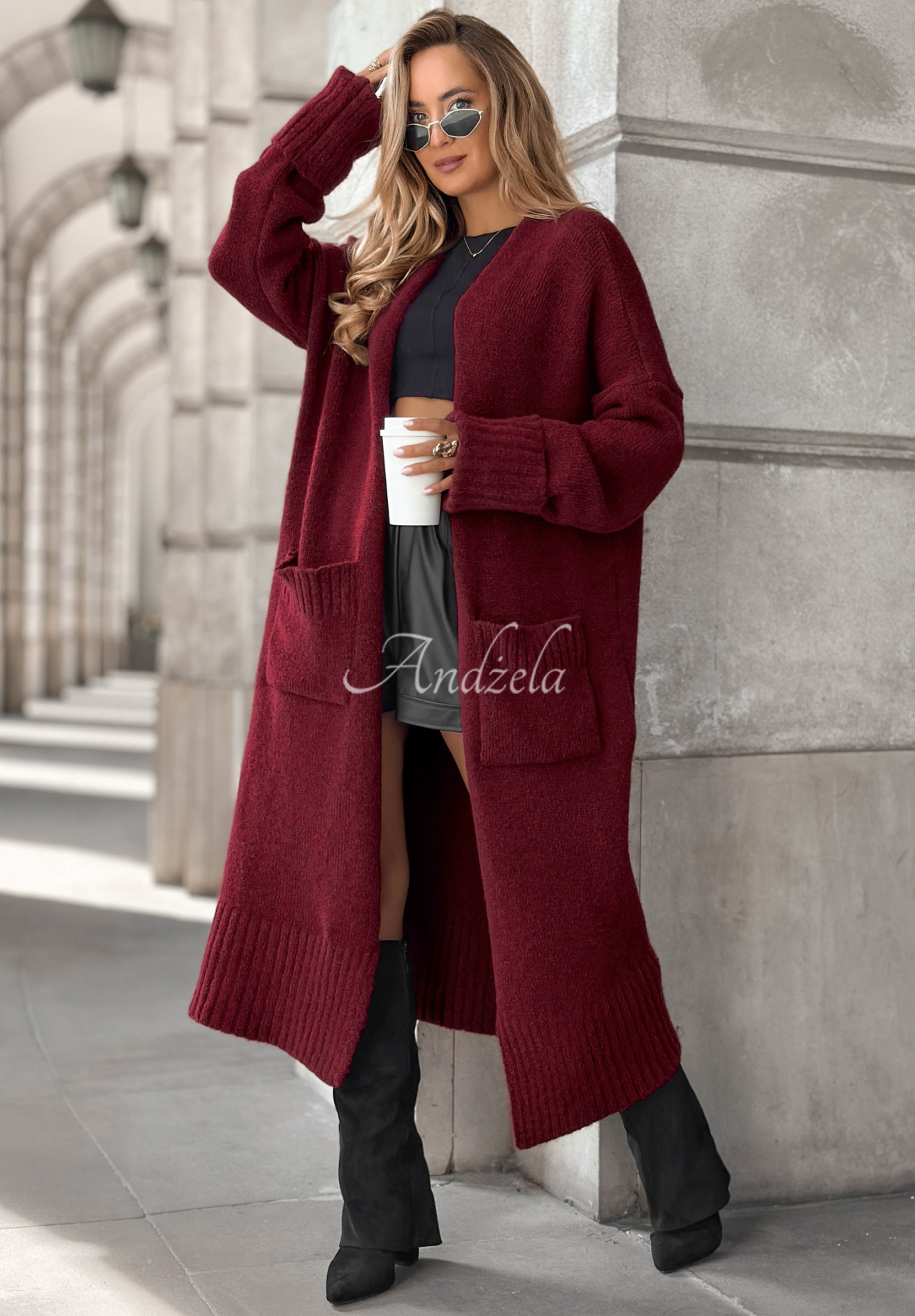 Lange oversized Strickjacke mit Taschen Marbelio Burgunderrot