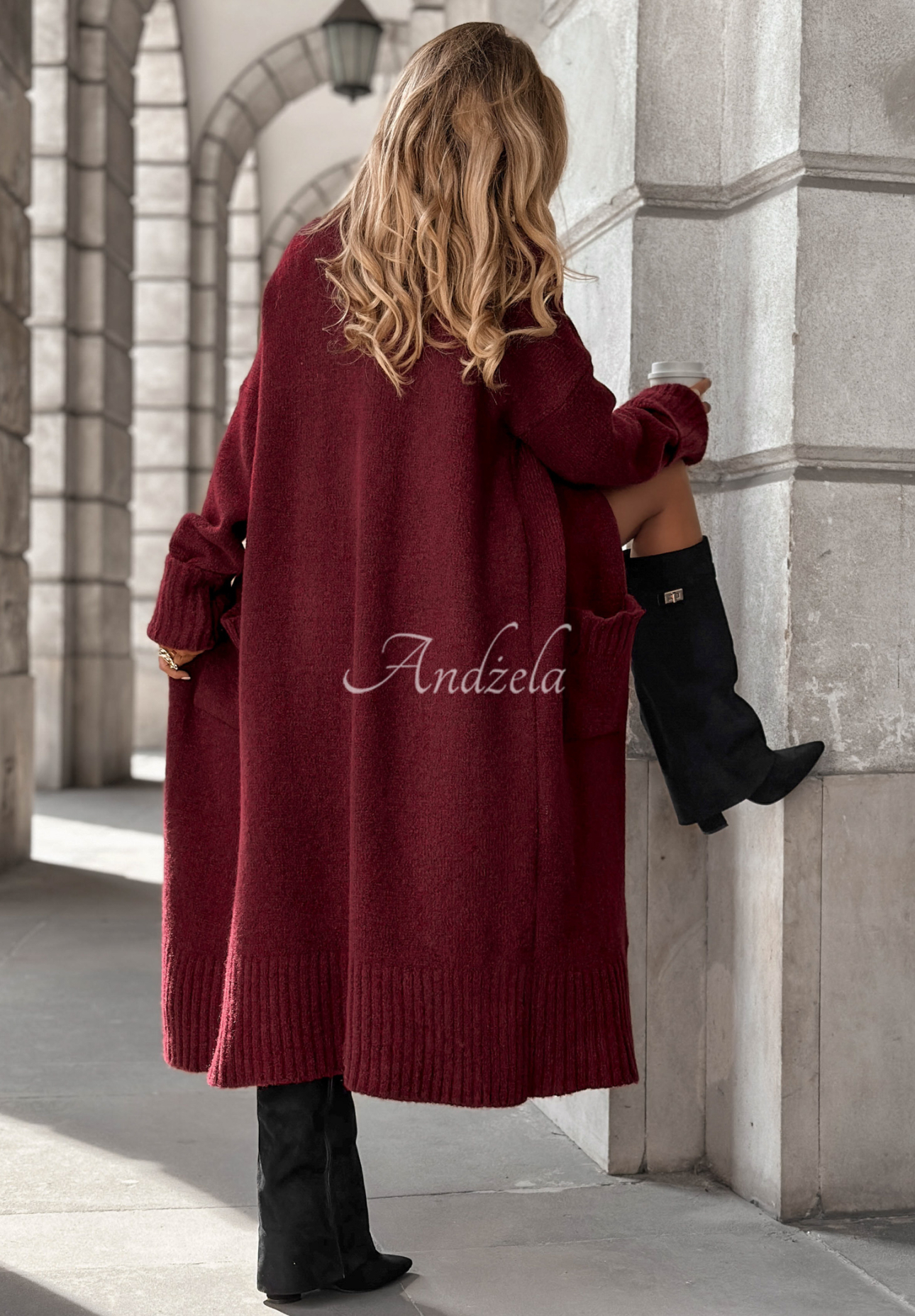 Lange oversized Strickjacke mit Taschen Marbelio Burgunderrot