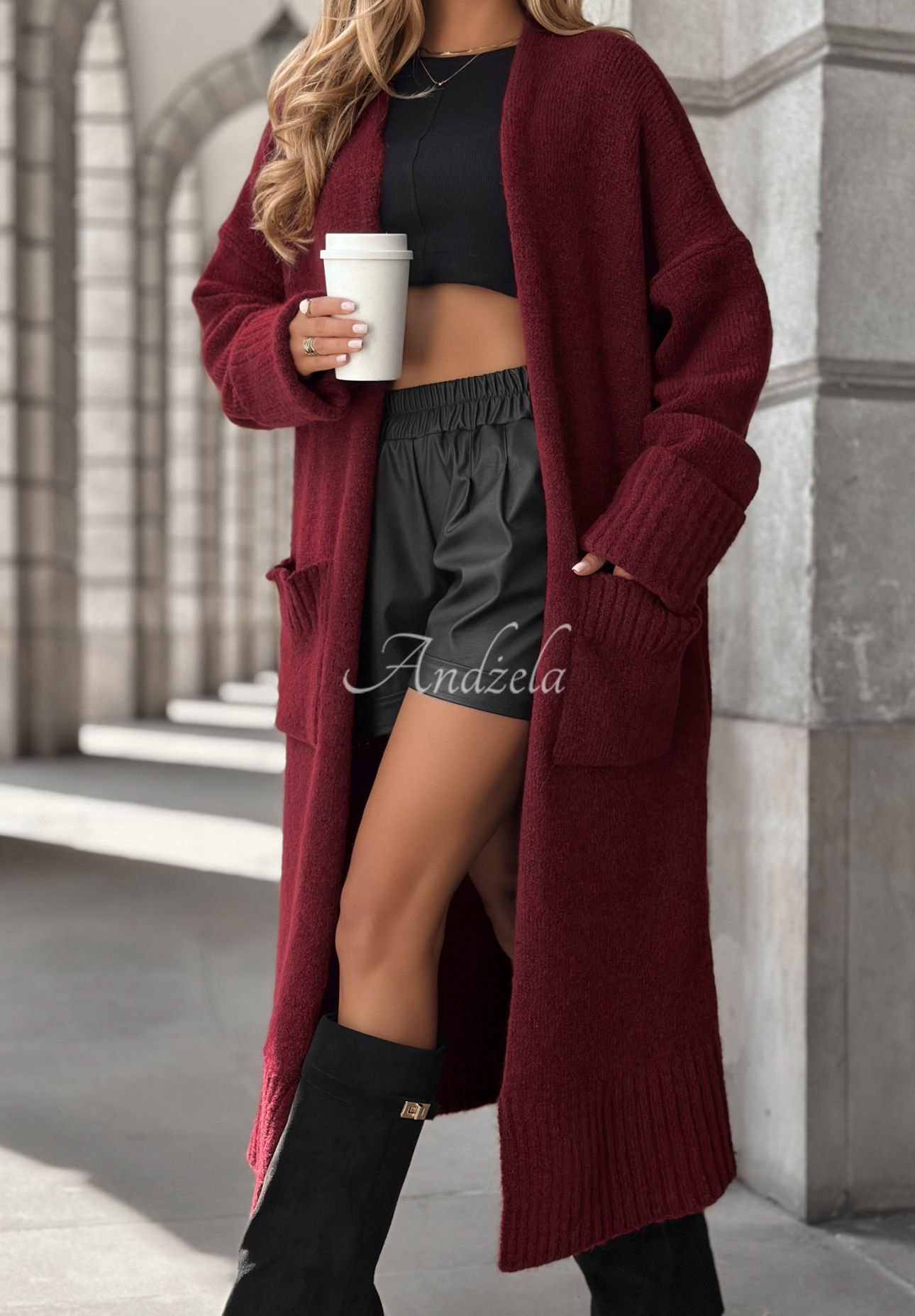 Lange oversized Strickjacke mit Taschen Marbelio Burgunderrot