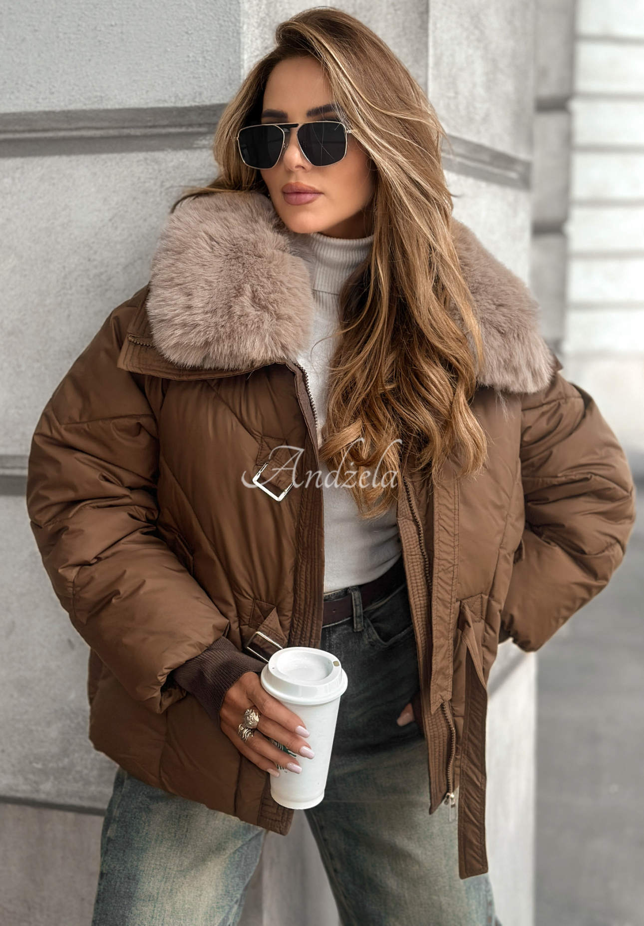 Steppjacke mit Fell Missed Call Schokoladenbraun