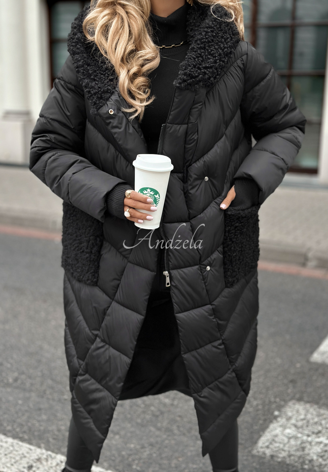 Lange Steppjacke mit Schaffellmantel Long Cold Winter Schwarz