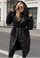 Lange Steppjacke mit Schaffellmantel Long Cold Winter Schwarz