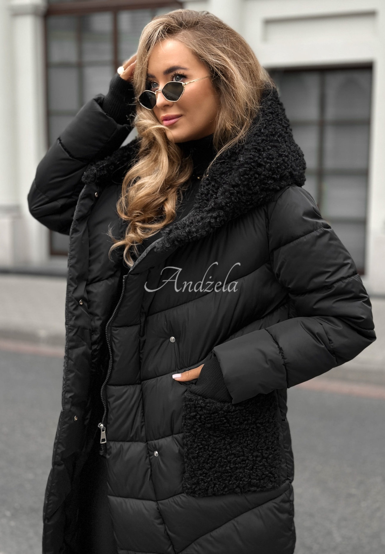 Lange Steppjacke mit Schaffellmantel Long Cold Winter Schwarz