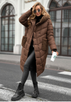 Lange Steppjacke mit Schaffellmantel Long Cold Winter Schokoladenbraun