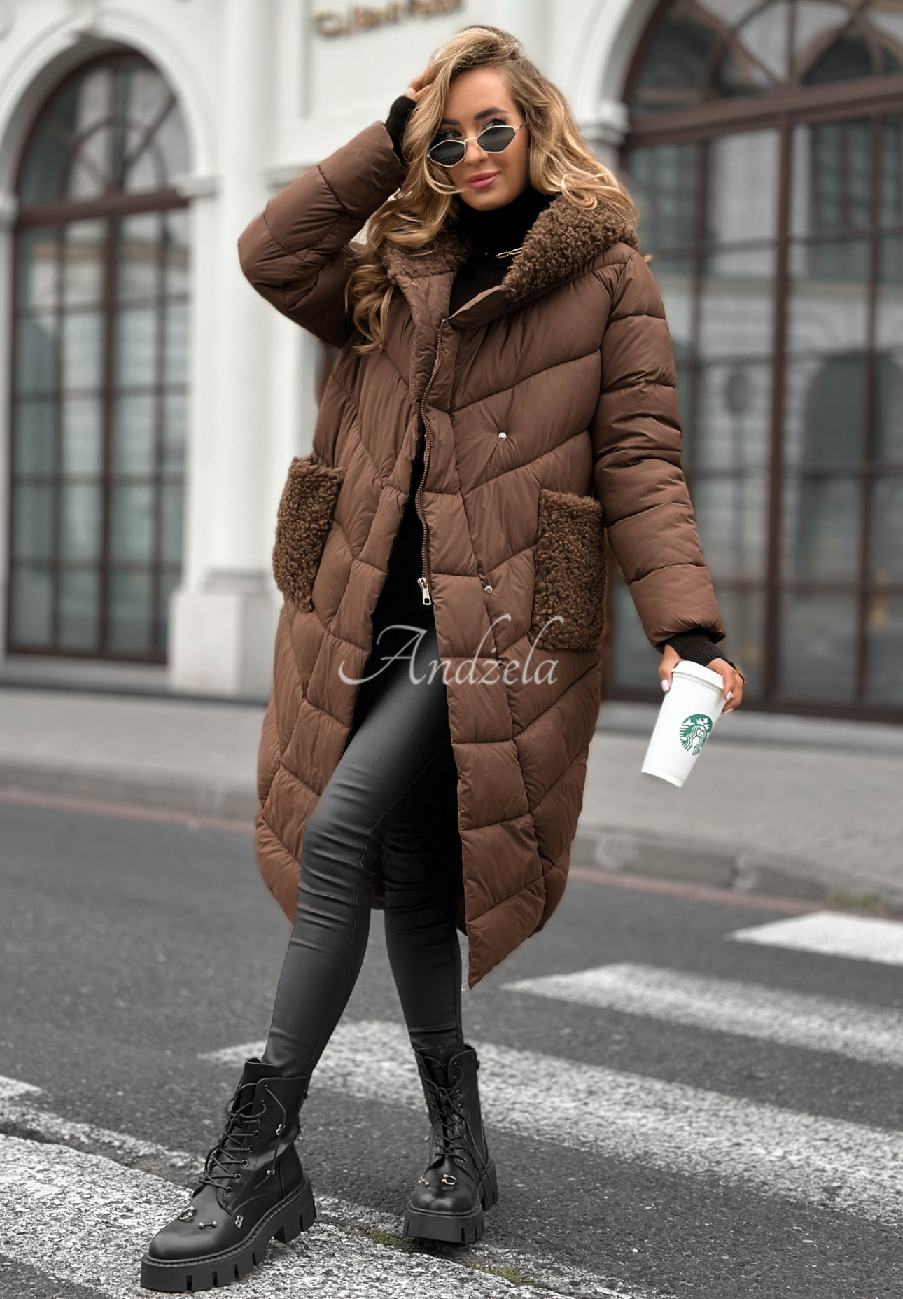 Lange Steppjacke mit Schaffellmantel Long Cold Winter Schokoladenbraun