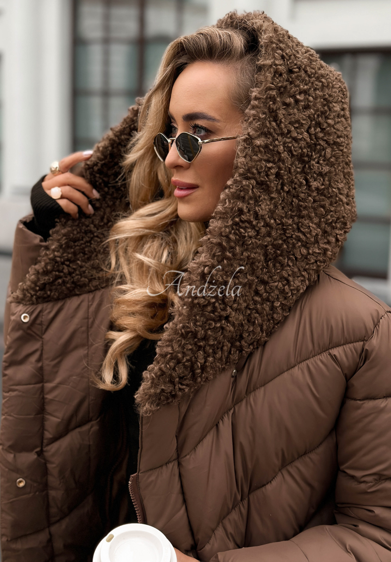 Lange Steppjacke mit Schaffellmantel Long Cold Winter Schokoladenbraun