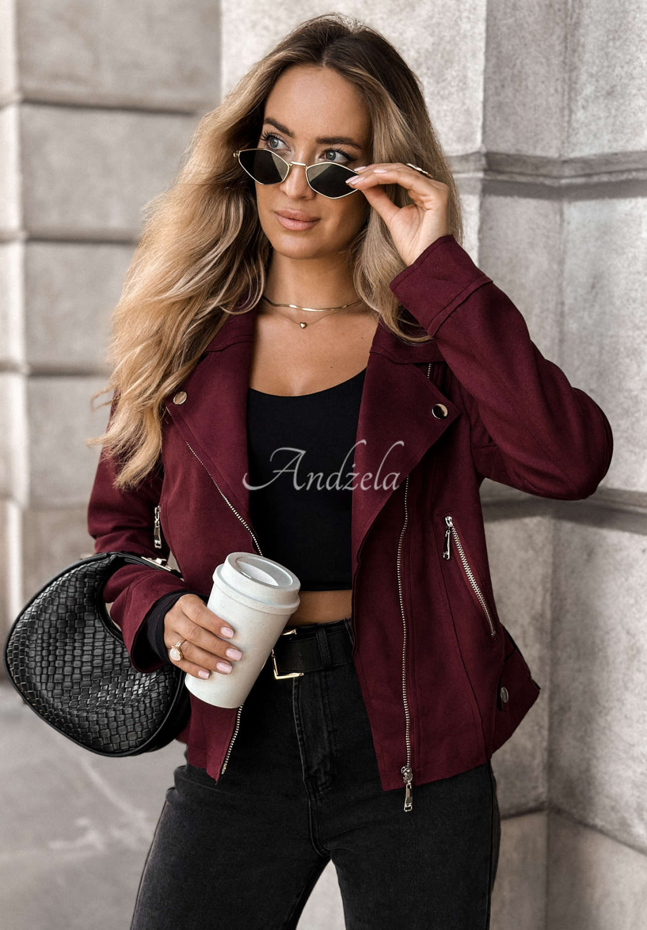 Bikerjacke aus Wildlederimitat Savage Burgunderrot