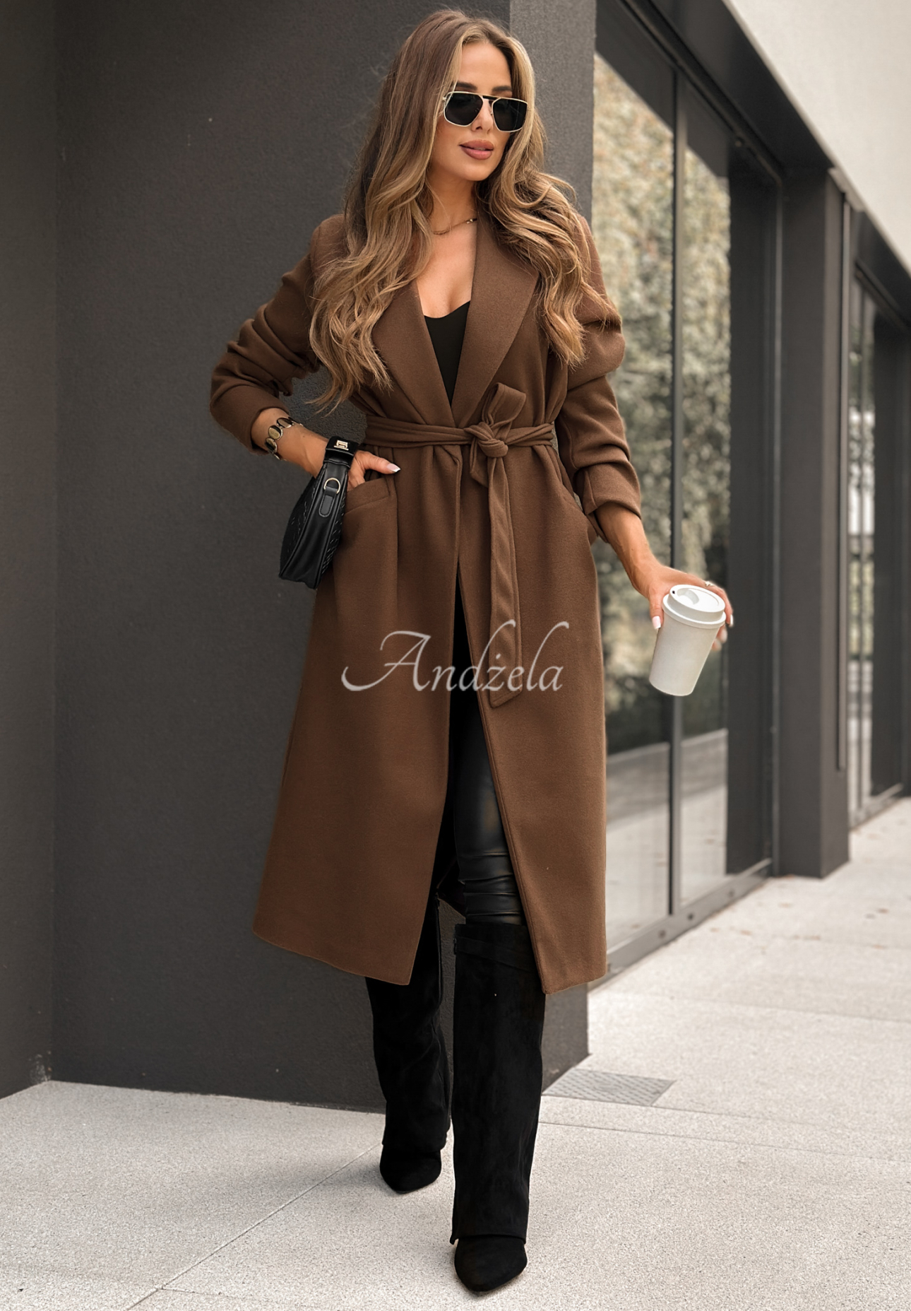 Langer Mantel mit Bindegürtel Sensual Schokoladenbraun