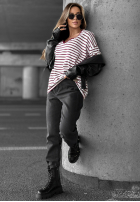 T-shirt w paski Try That Again biało-burgundowy