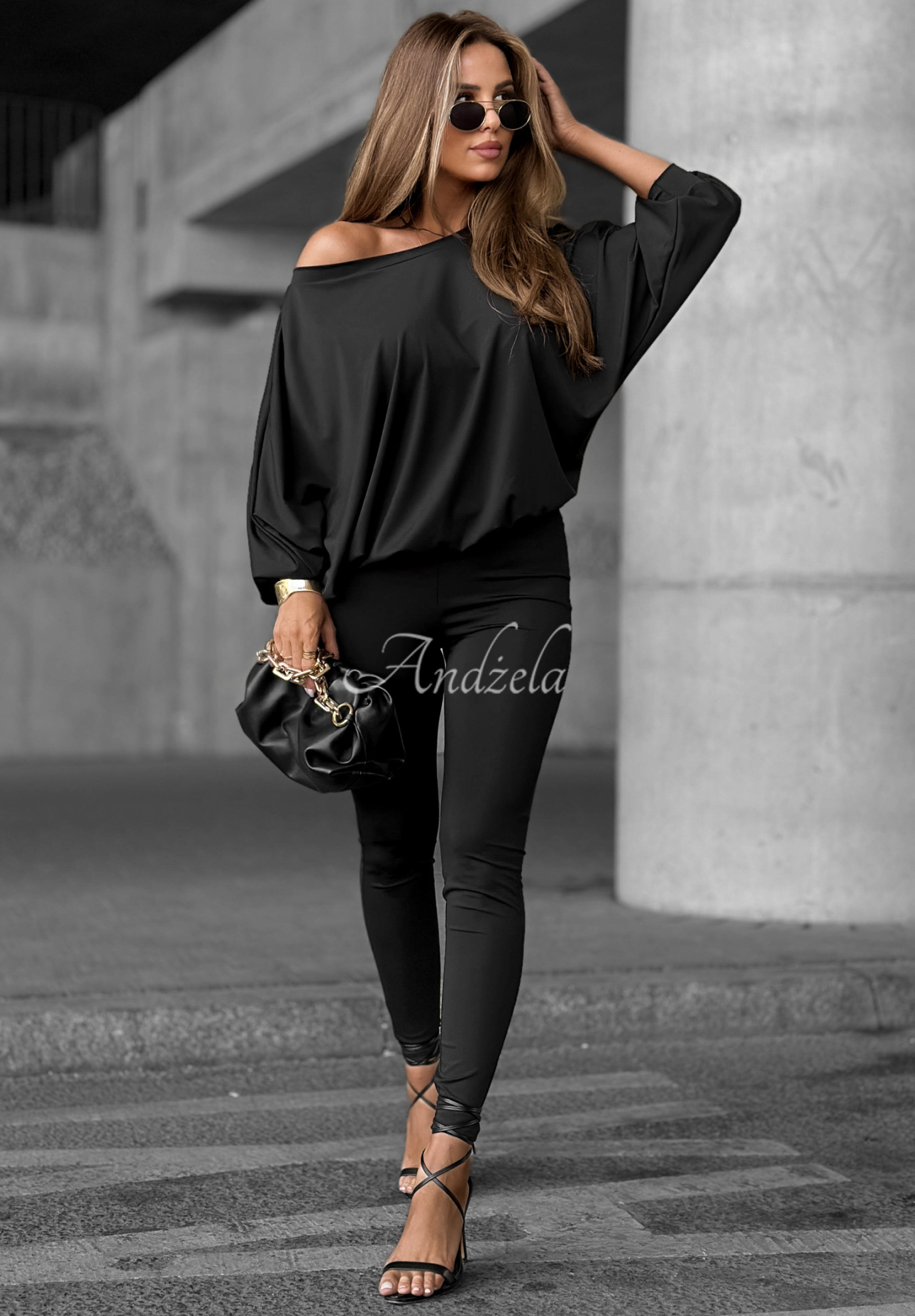 Set aus One-Shoulder-Bluse und Leggings Missing Piece Schwarz