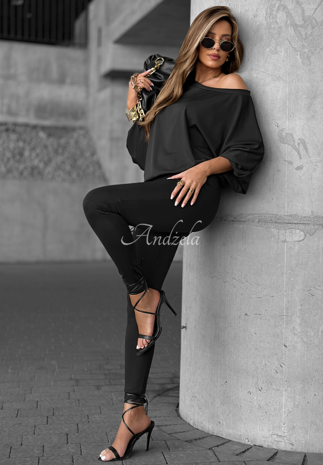 Set aus One-Shoulder-Bluse und Leggings Missing Piece Schwarz