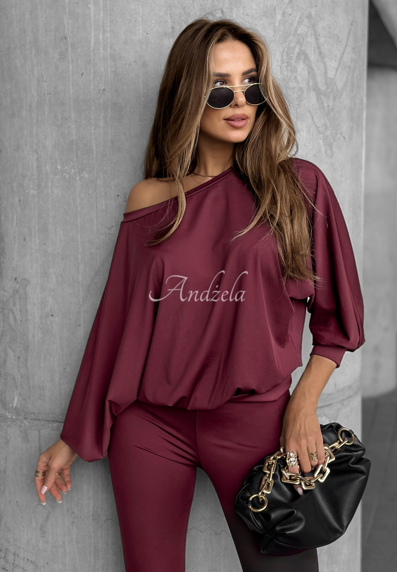 Set aus One-Shoulder-Bluse und Leggings Missing Piece Burgunderrot