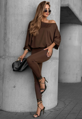 Set aus One-Shoulder-Bluse und Leggings Missing Piece Schokoladenbraun