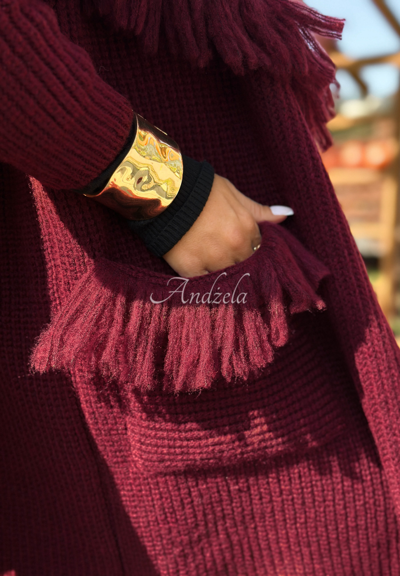 Langer Cardigan mit Fransen Forget My Name Burgunderrot