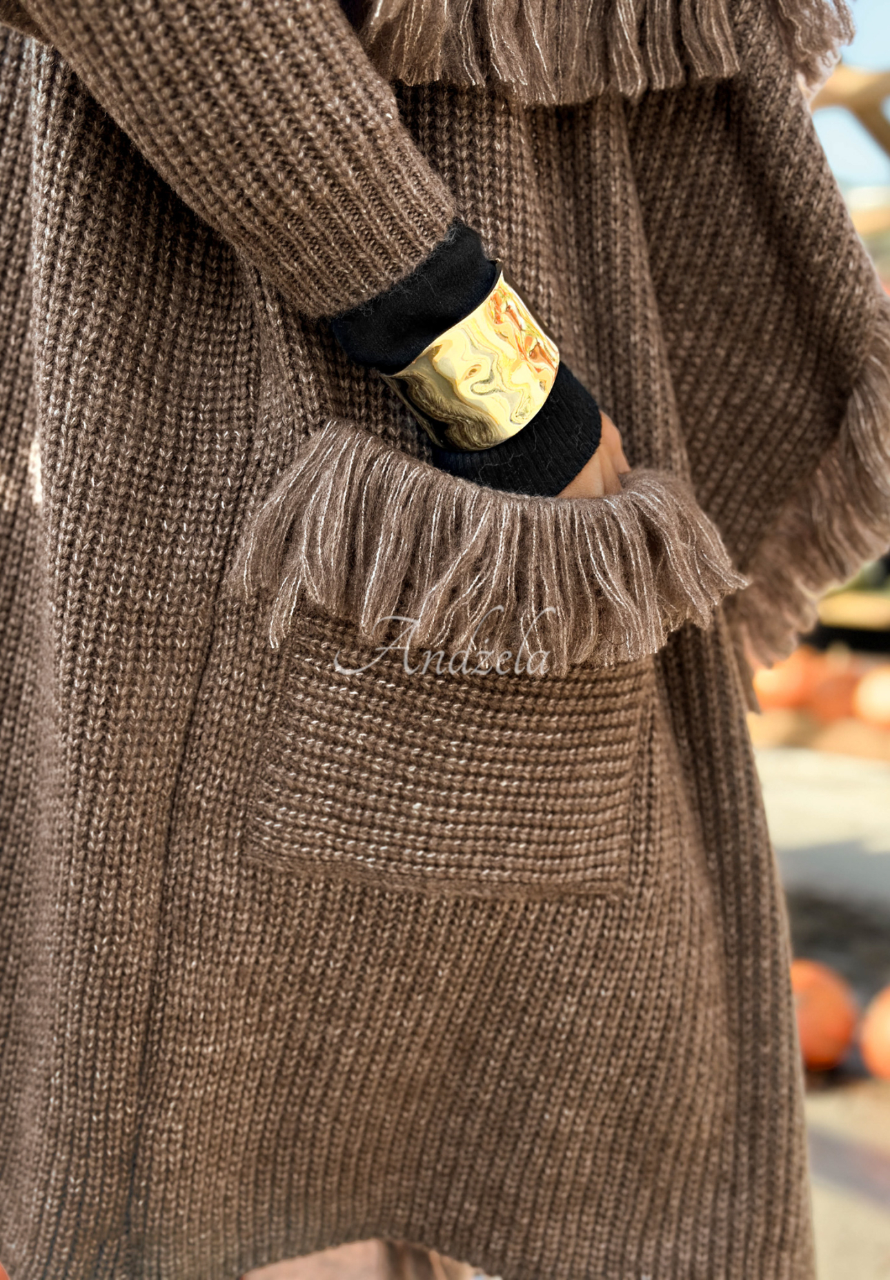 Langer Cardigan mit Fransen Forget My Name Schokoladenbraun