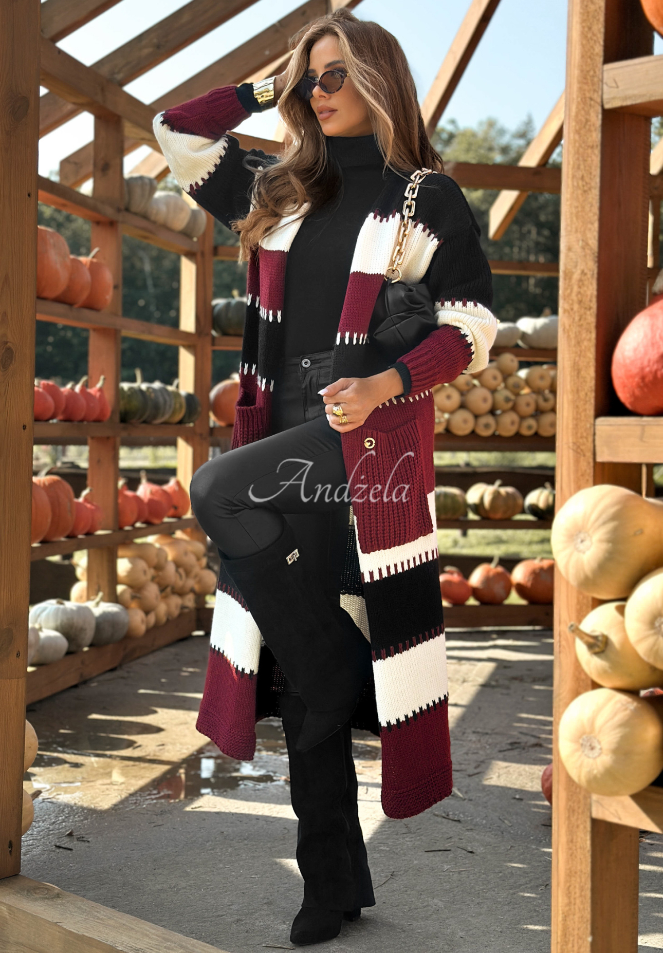 Lange gestreifte Strickjacke Spill The Tea Schwarz-Burgunderrot