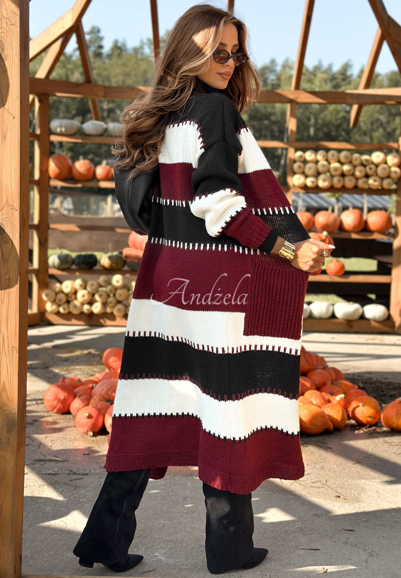 Lange gestreifte Strickjacke Spill The Tea Schwarz-Burgunderrot