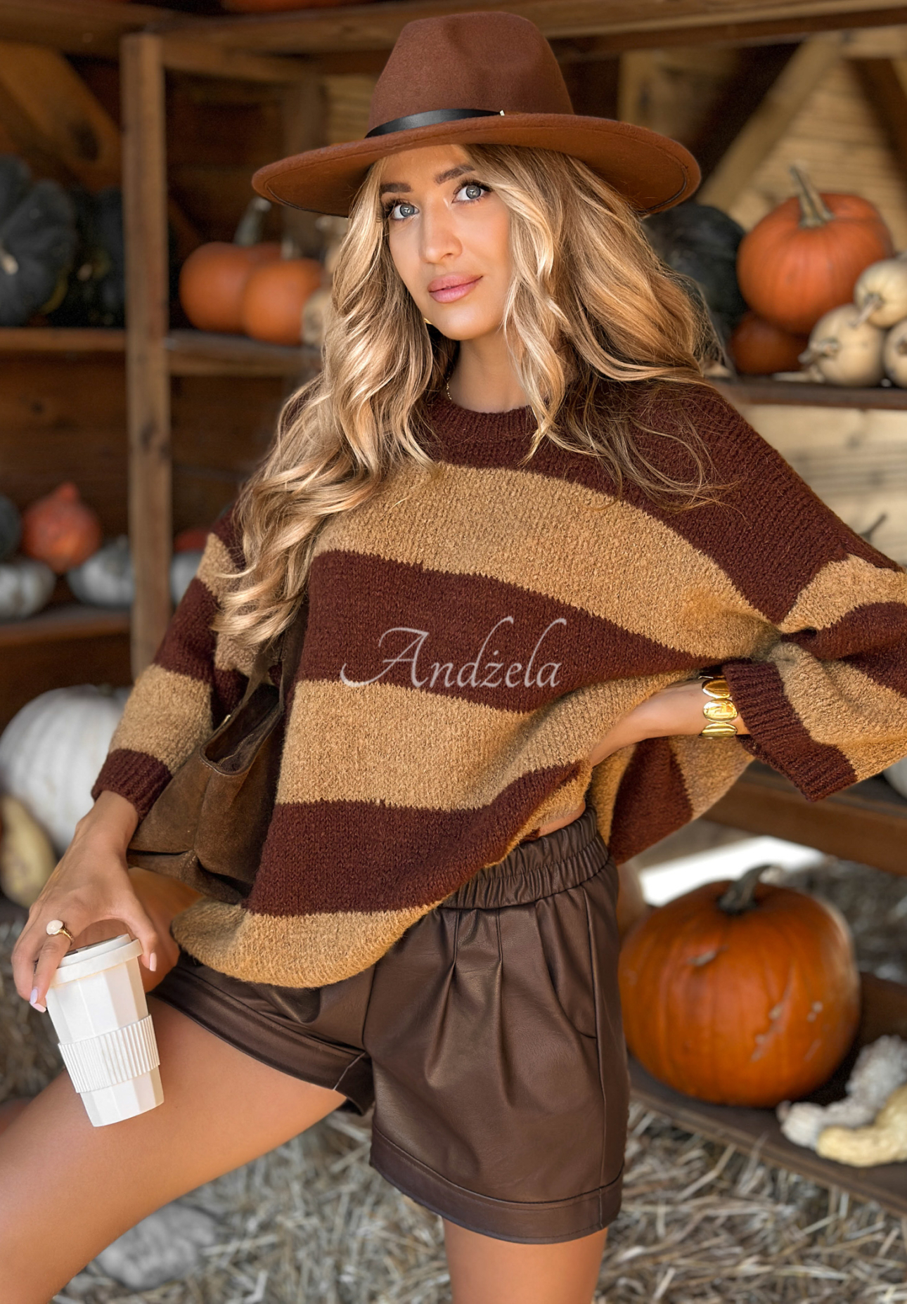 Gestreifter Alpaka-Pullover Building Myself schokoladenbraun-camel