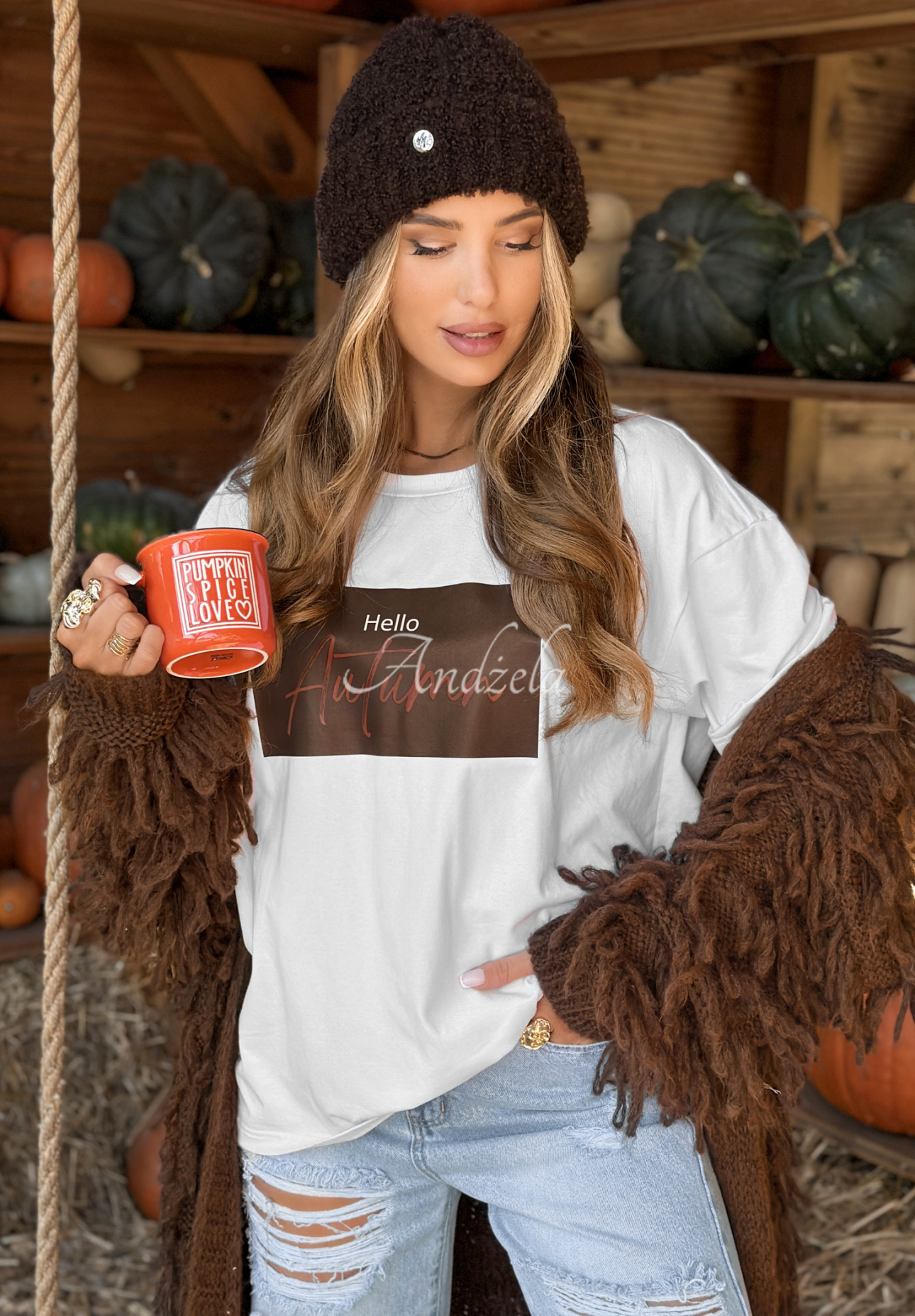 T-Shirt mit Aufdruck Hello Autumn Weiß