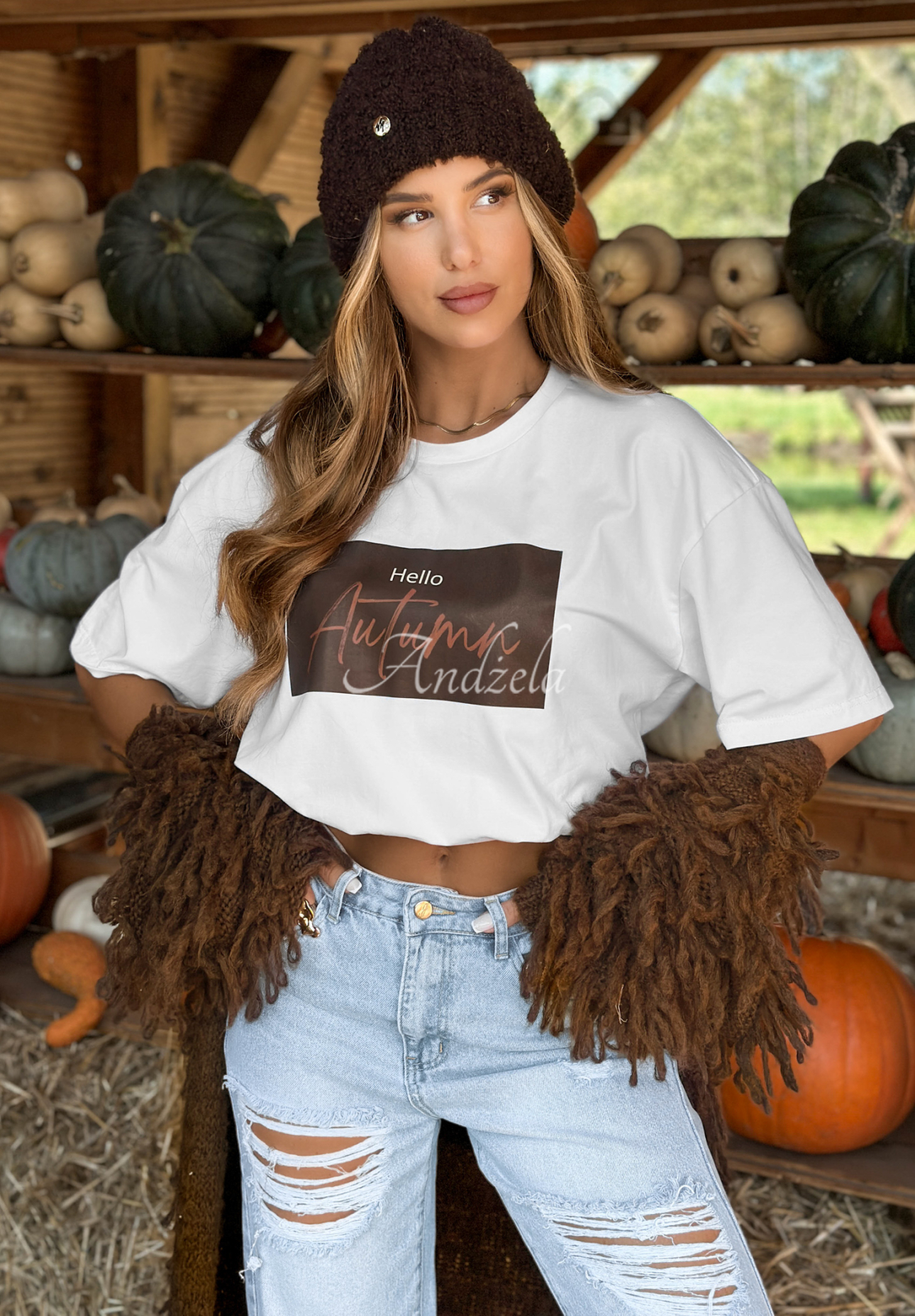 T-Shirt mit Aufdruck Hello Autumn Weiß