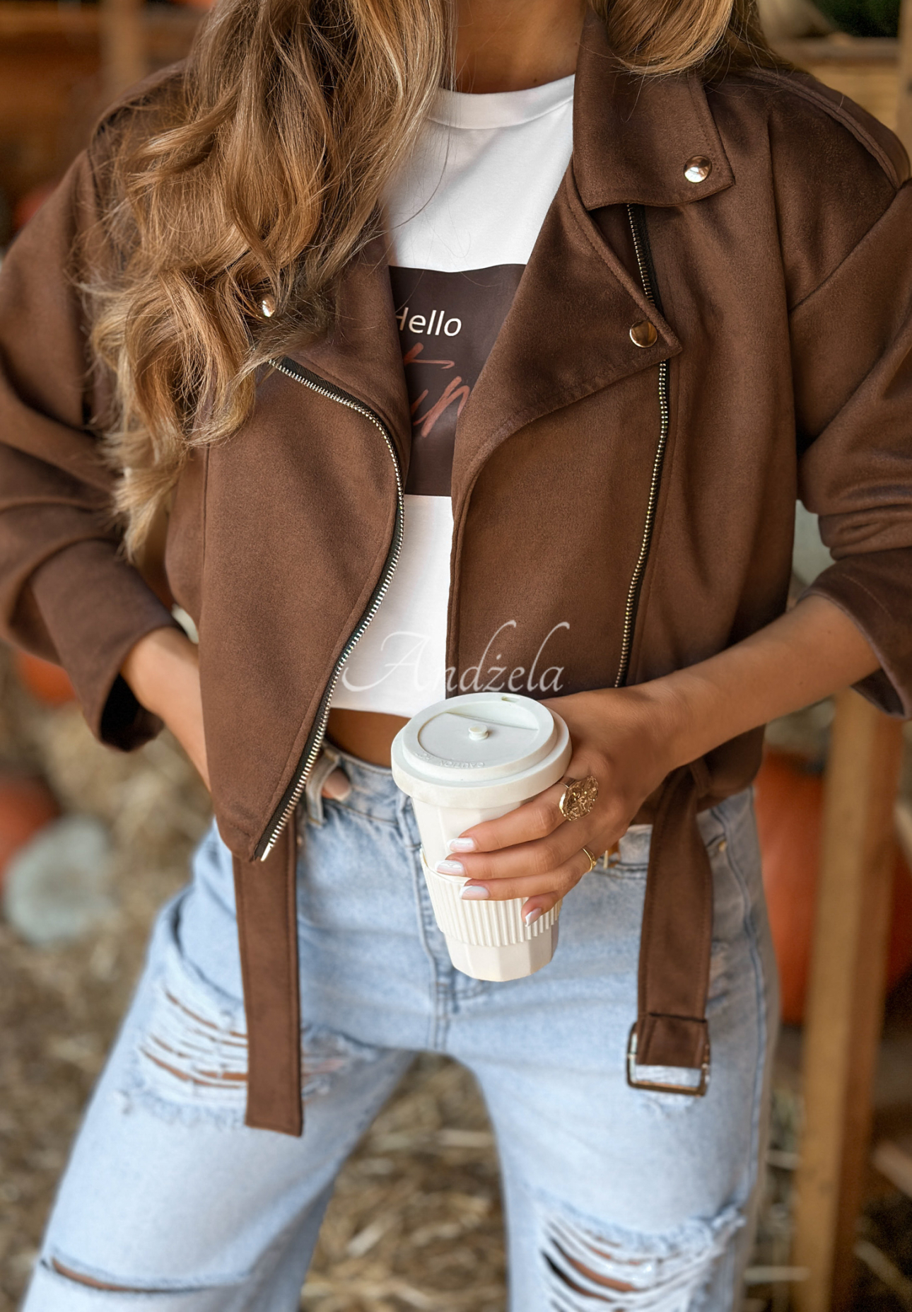 Bikerjacke aus Wildleder Maybe No Schokoladenbraun