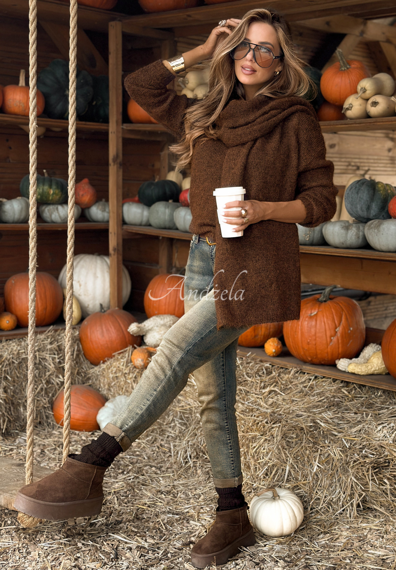 Set 2in1 Pullover und Schal Cinnamon Caffe Latte Schokoladenbraun