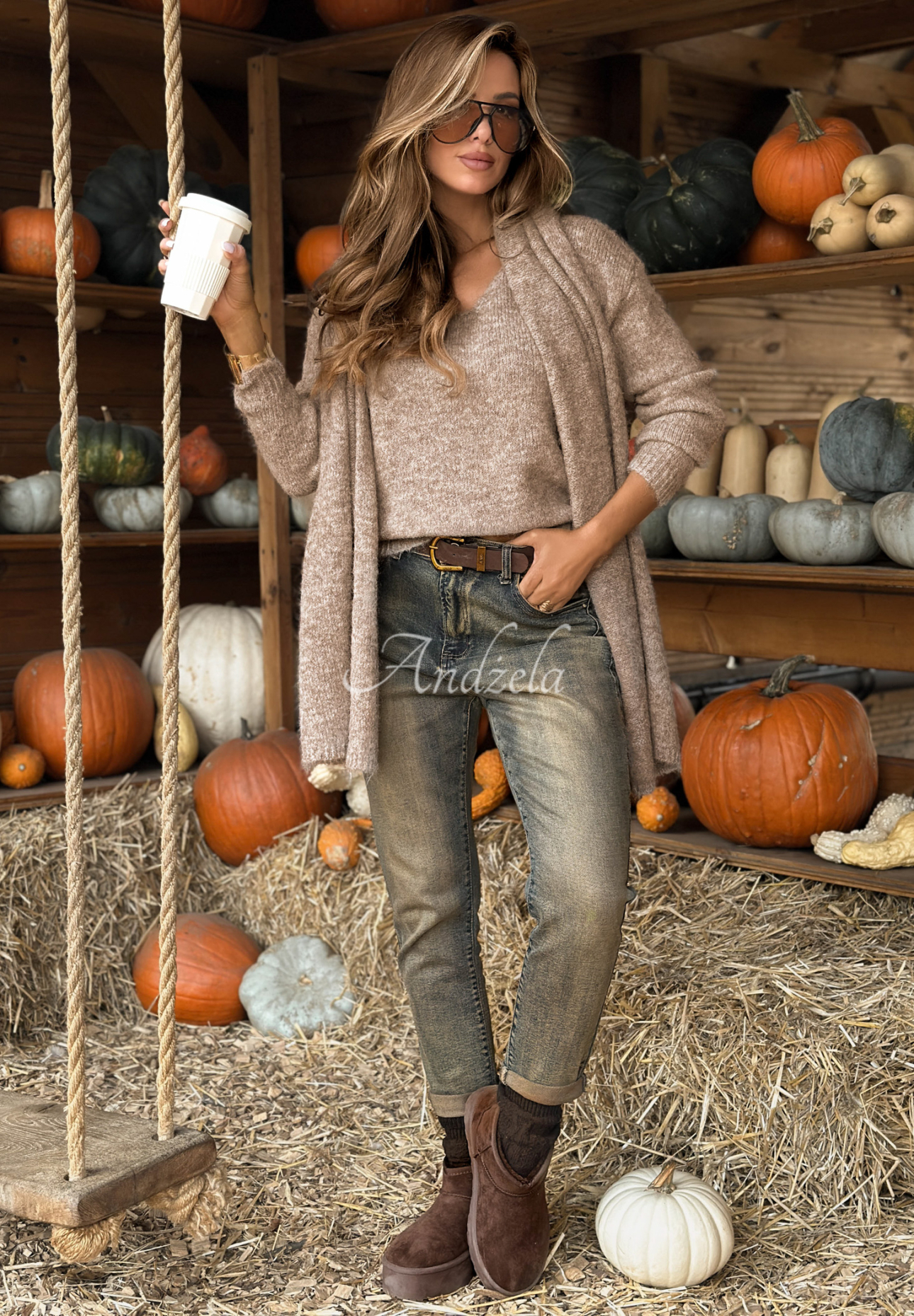 Set 2in1 Pullover und Schal Cinnamon Caffe Latte Beige Melange