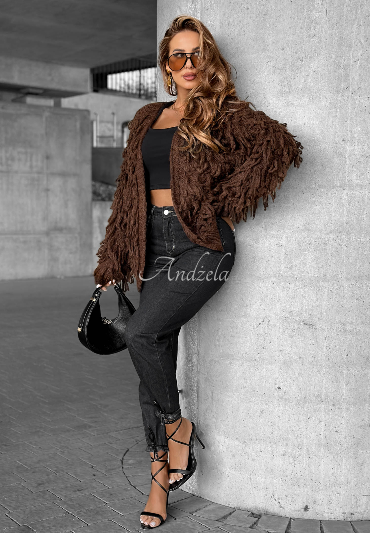 Kurzer Cardigan mit Fransen Fringe Schokoladenbraun
