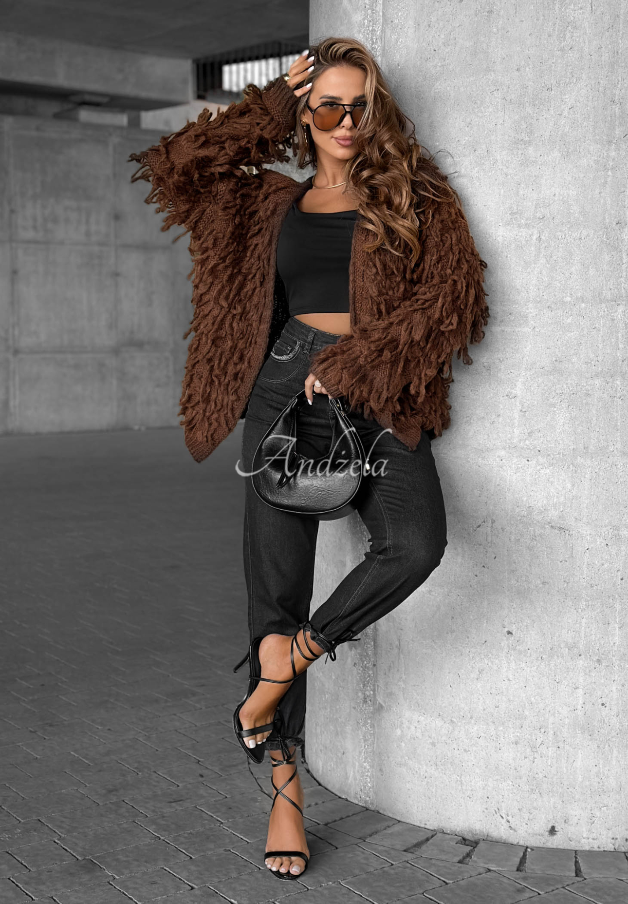 Kurzer Cardigan mit Fransen Fringe Schokoladenbraun