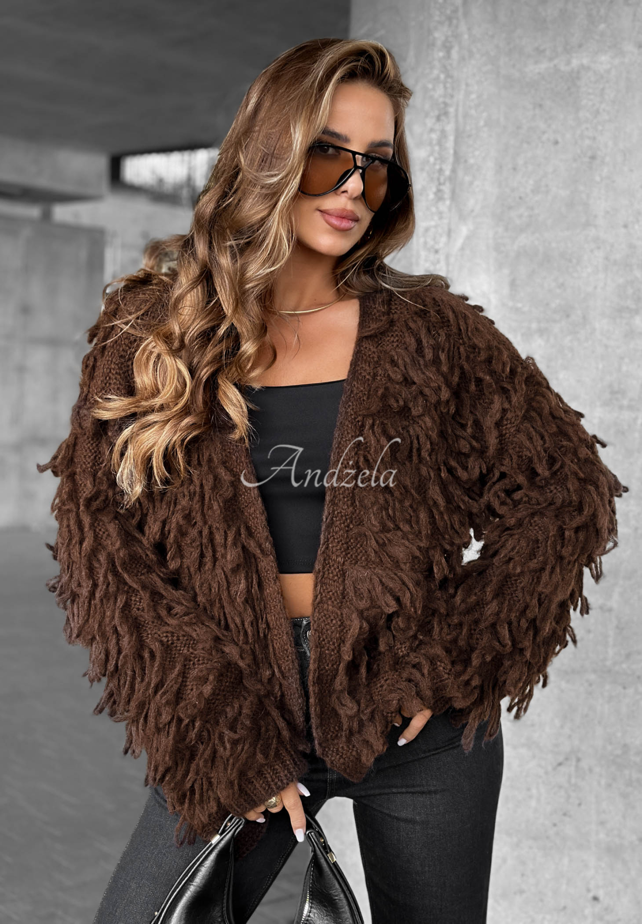 Kurzer Cardigan mit Fransen Fringe Schokoladenbraun