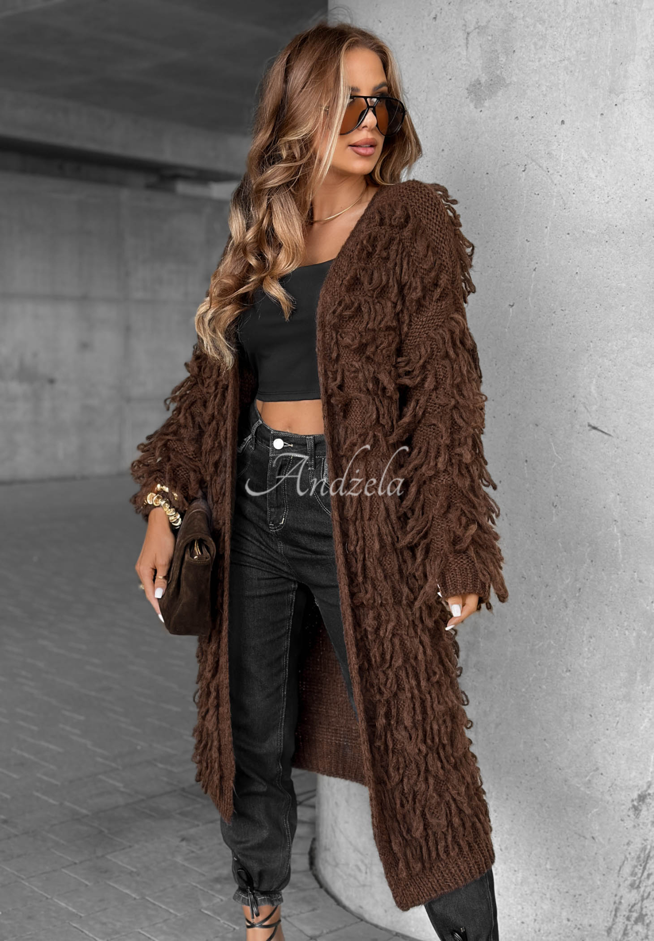 Langer Cardigan mit Fransen Fringe Schokoladenbraun