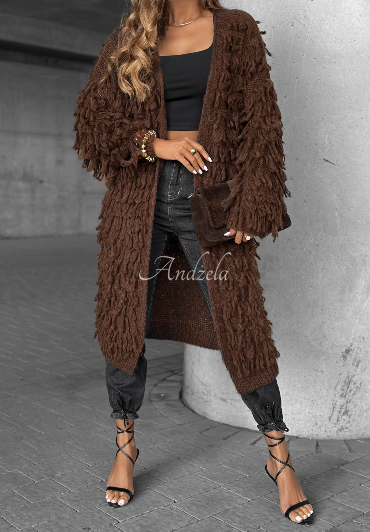 Langer Cardigan mit Fransen Fringe Schokoladenbraun