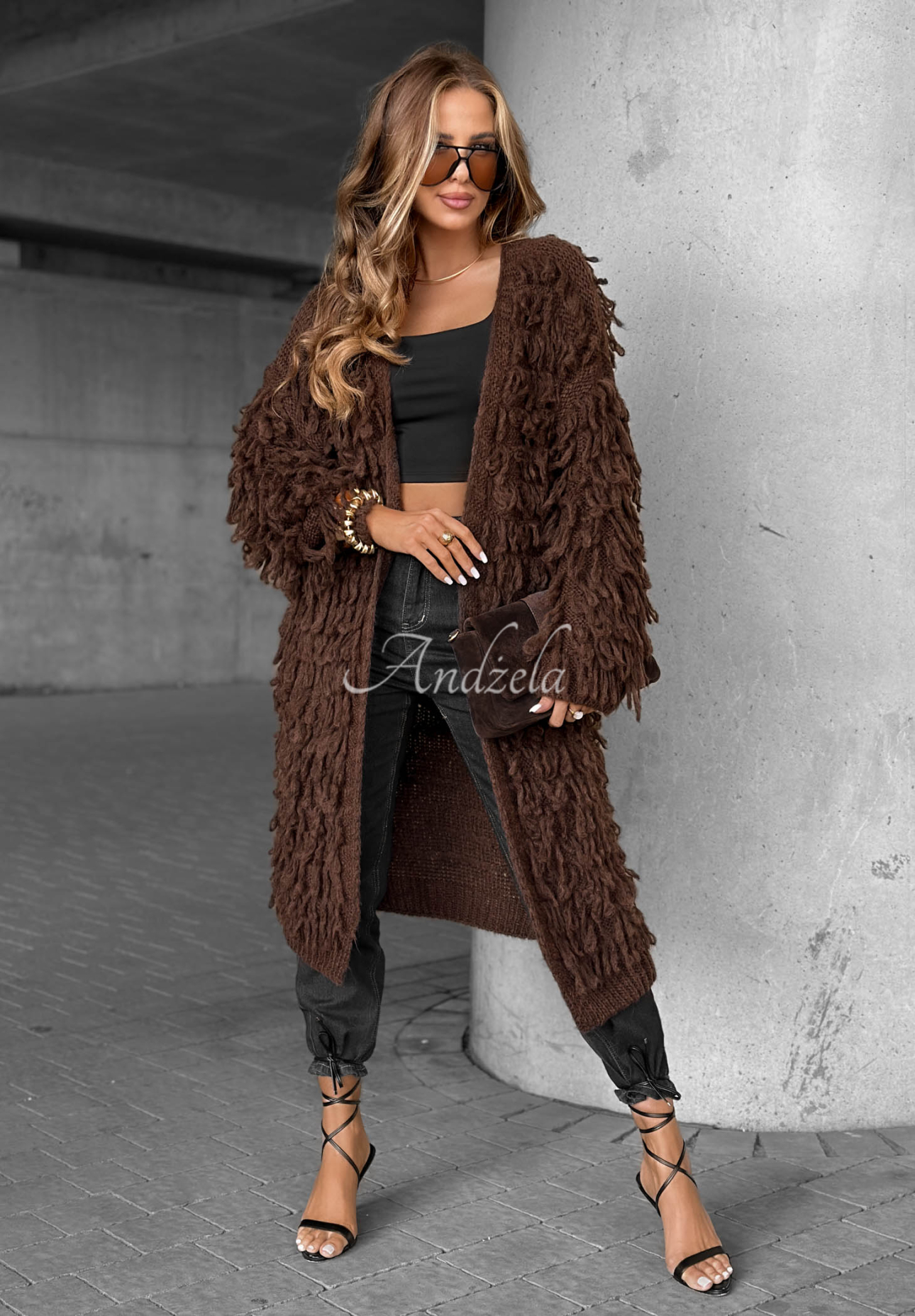 Langer Cardigan mit Fransen Fringe Schokoladenbraun