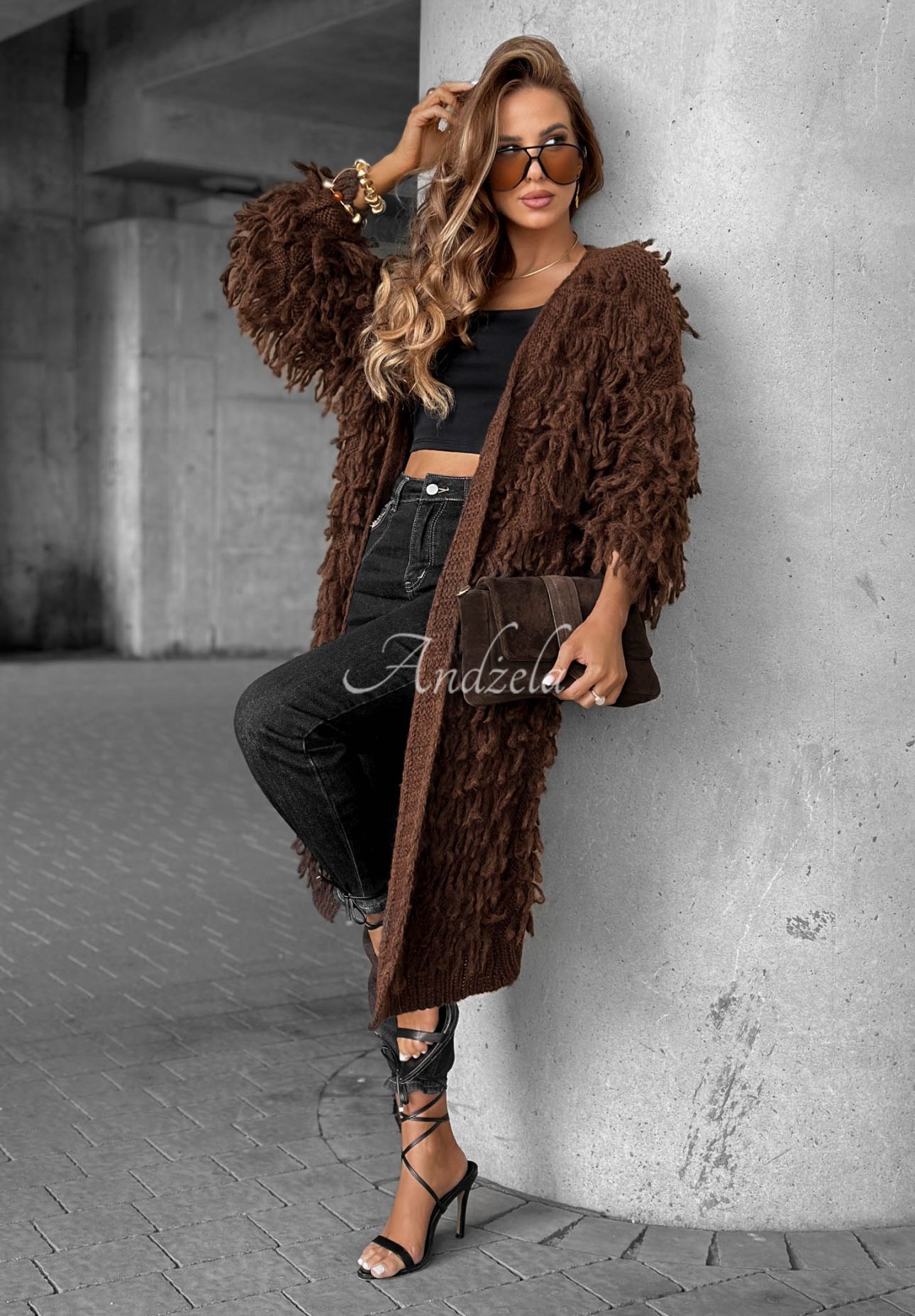 Langer Cardigan mit Fransen Fringe Schokoladenbraun