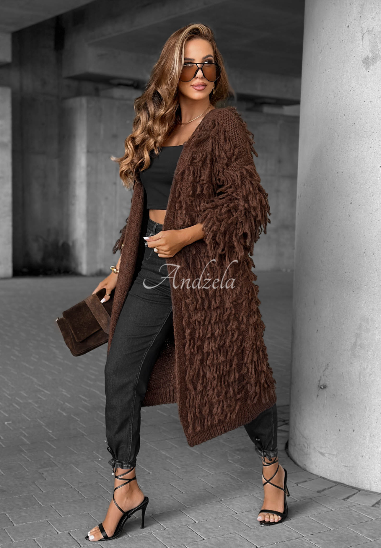 Langer Cardigan mit Fransen Fringe Schokoladenbraun