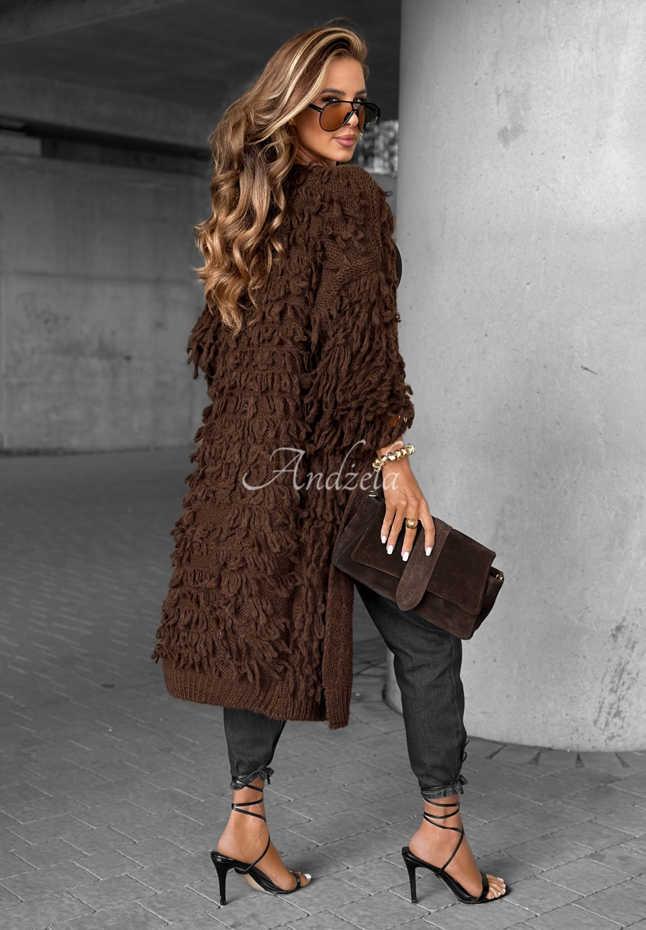 Langer Cardigan mit Fransen Fringe Schokoladenbraun