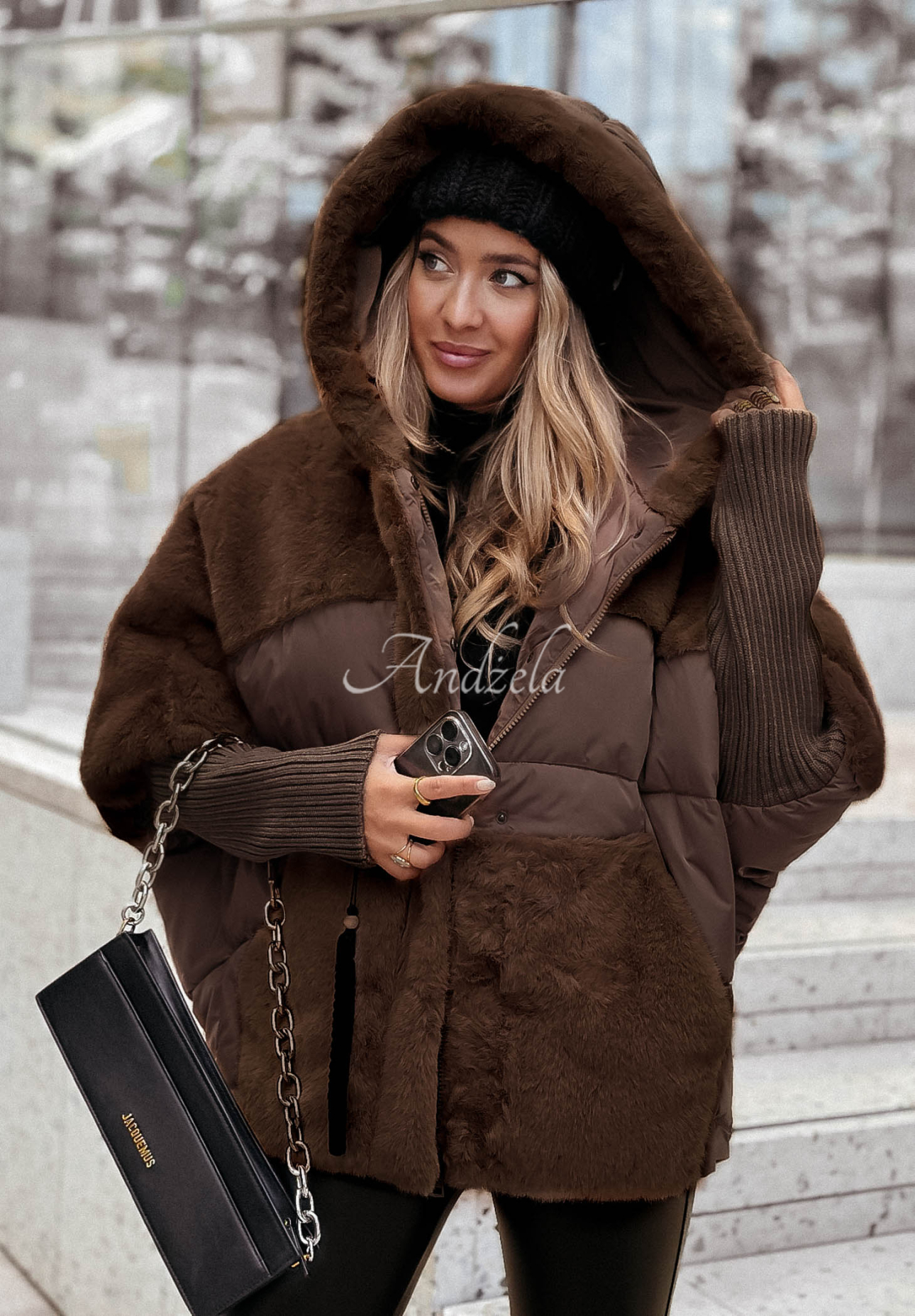 Gesteppte Jacke mit Fellimitat Snow & Pines Schokoladenbraun