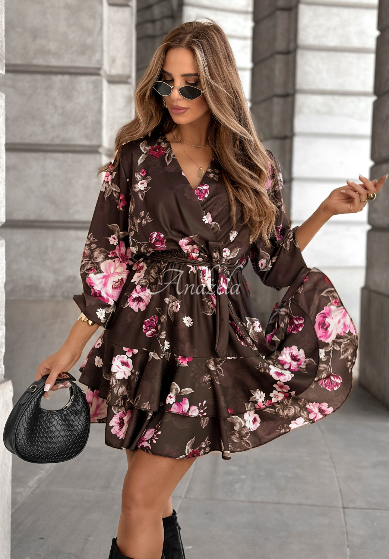 All The Flowers mini floral dress in chocolate