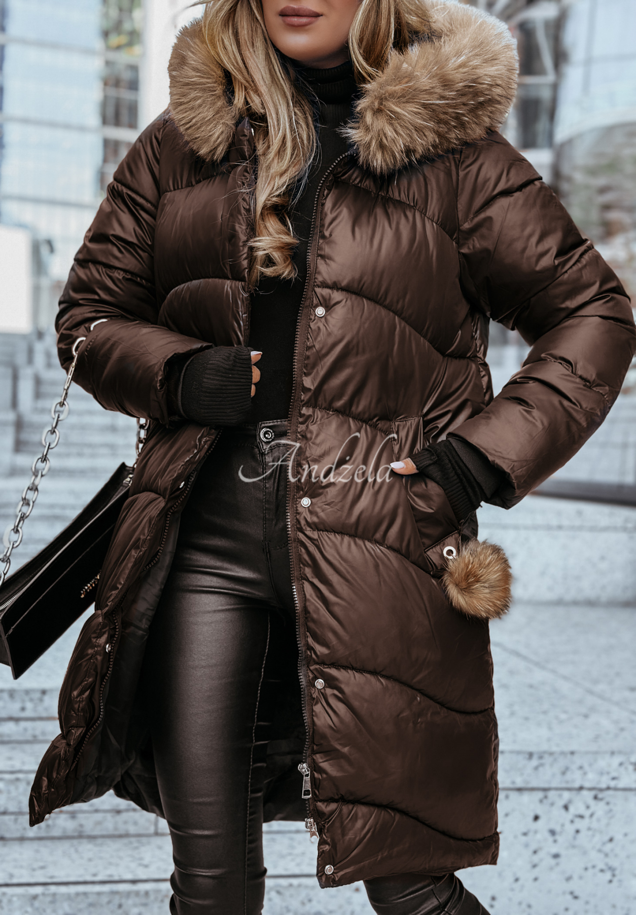 Lange Steppjacke mit Fellimitat Snow Offense Schokoladenbraun II
