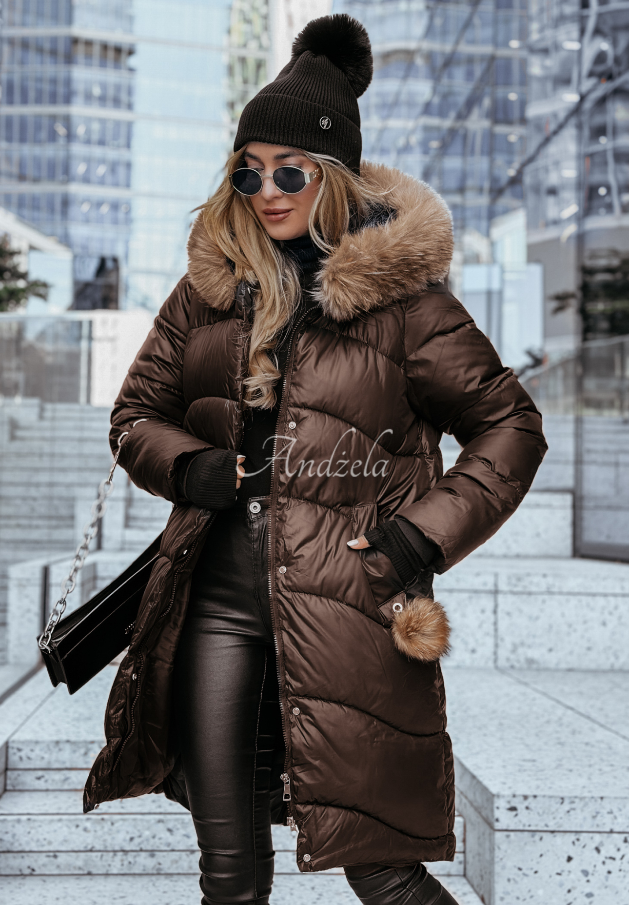 Lange Steppjacke mit Fellimitat Snow Offense Schokoladenbraun II