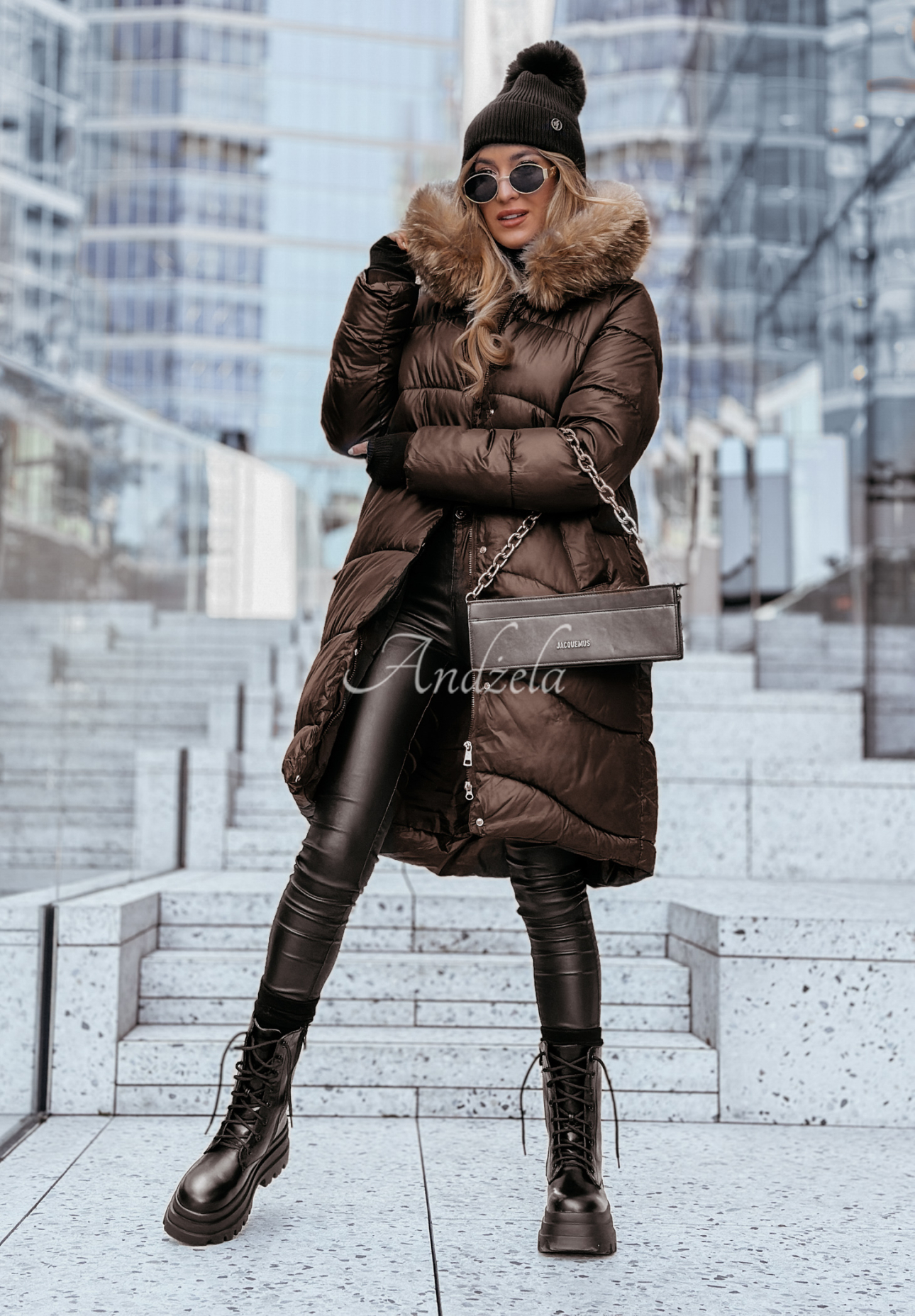 Lange Steppjacke mit Fellimitat Snow Offense Schokoladenbraun II
