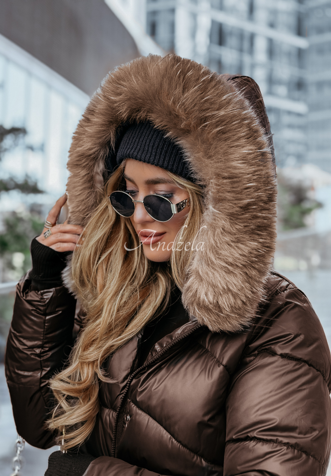 Lange Steppjacke mit Fellimitat Snow Offense Schokoladenbraun II