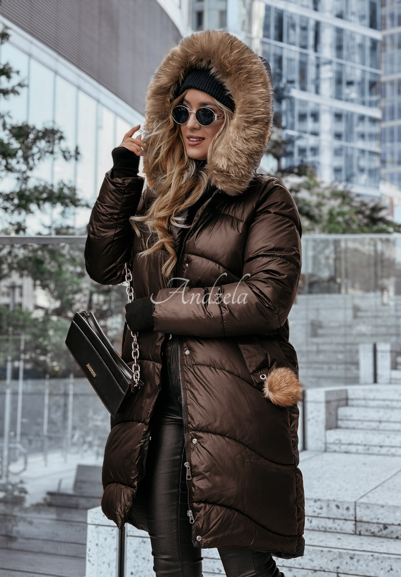Lange Steppjacke mit Fellimitat Snow Offense Schokoladenbraun II
