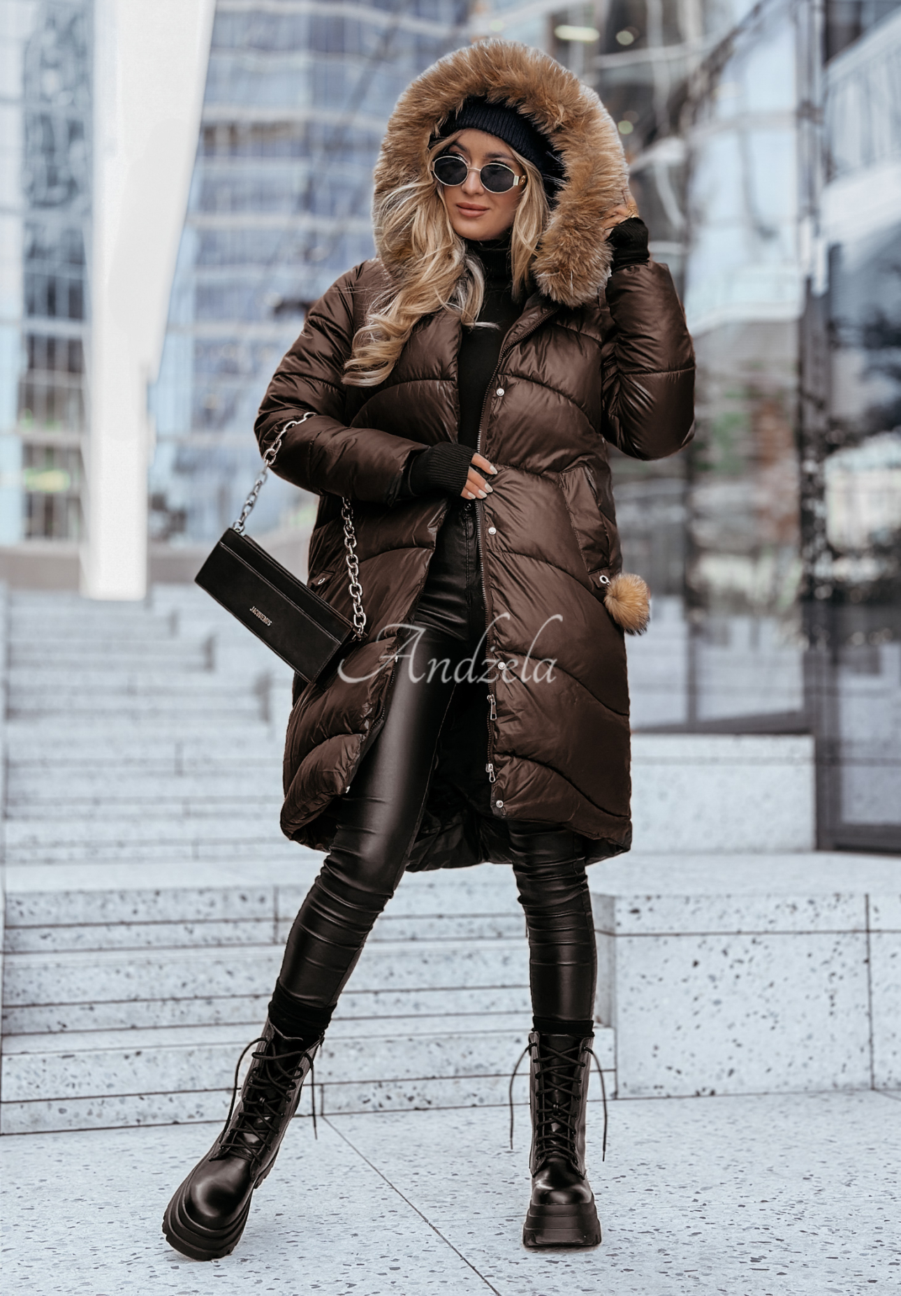 Lange Steppjacke mit Fellimitat Snow Offense Schokoladenbraun II