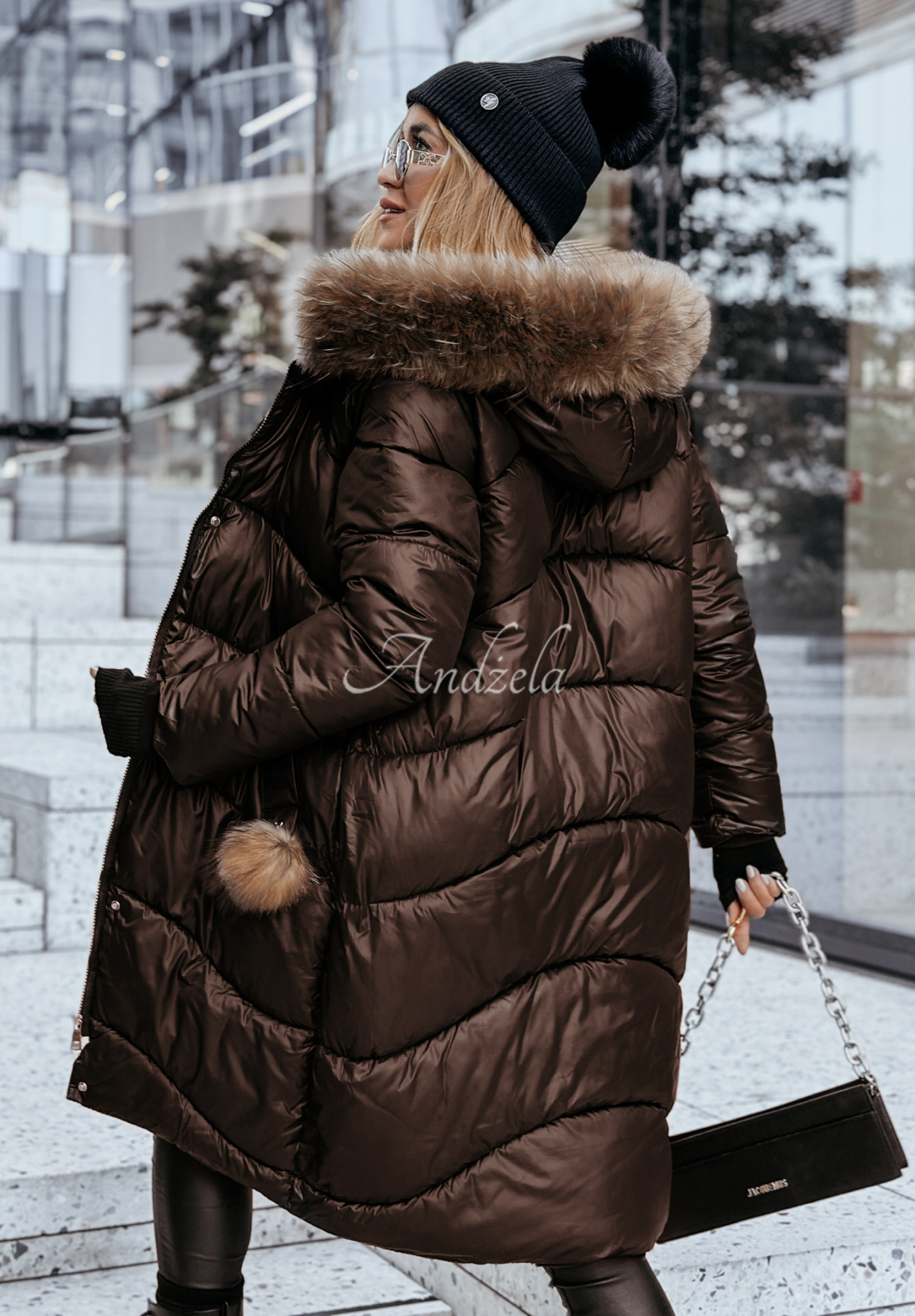 Lange Steppjacke mit Fellimitat Snow Offense Schokoladenbraun II