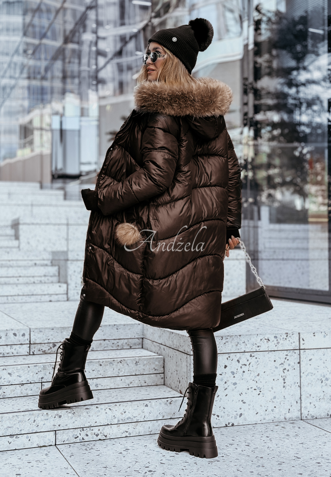 Lange Steppjacke mit Fellimitat Snow Offense Schokoladenbraun II