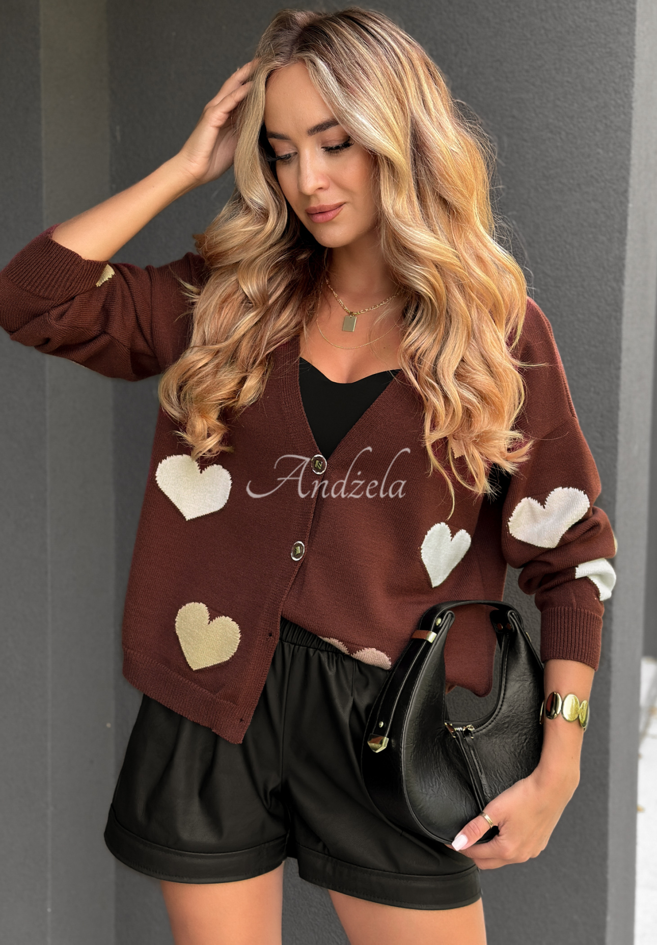 Kurzer Viskose-Cardigan mit Herzmotiv Your Heartbeat Schokoladenbraun