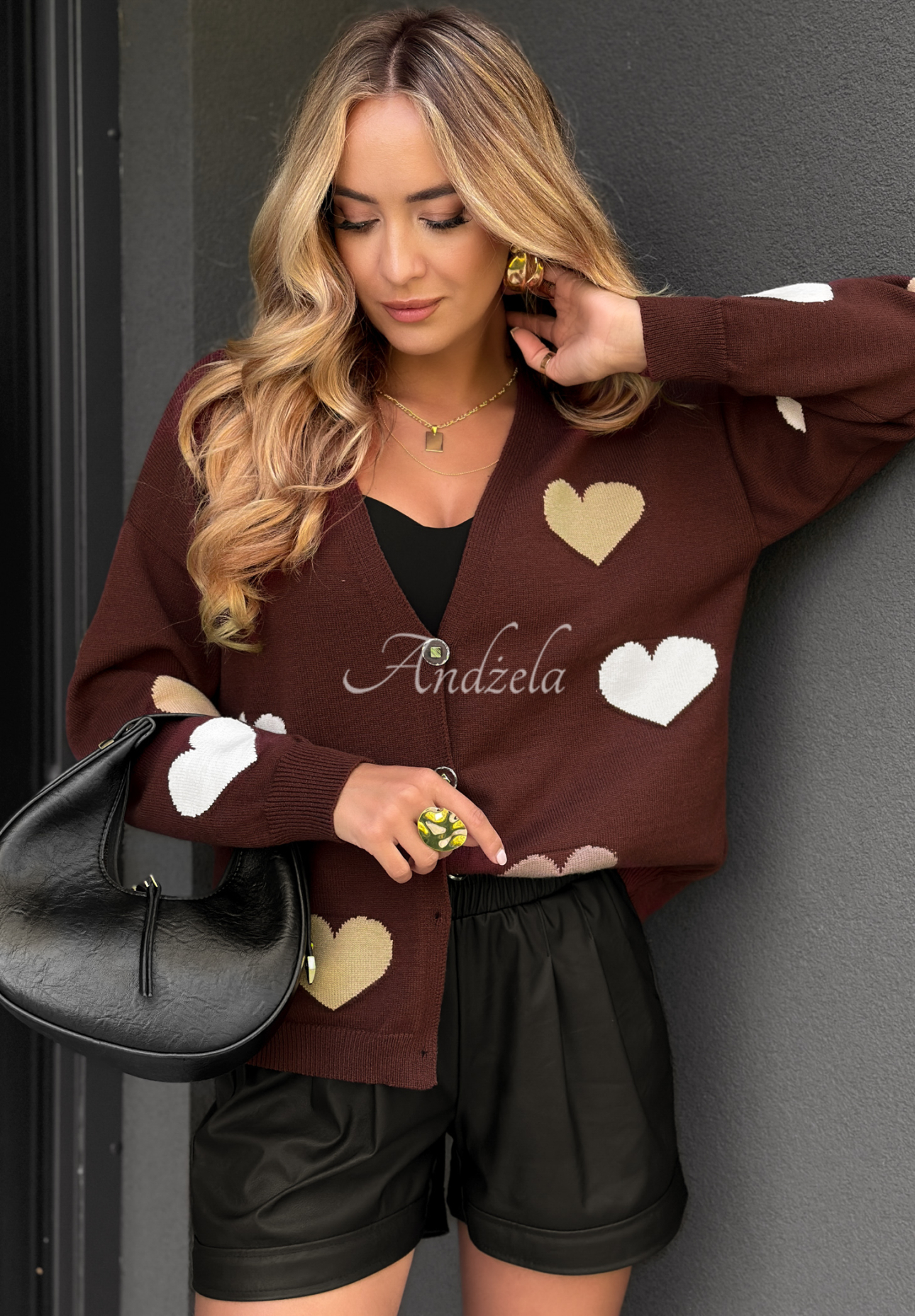 Kurzer Viskose-Cardigan mit Herzmotiv Your Heartbeat Schokoladenbraun