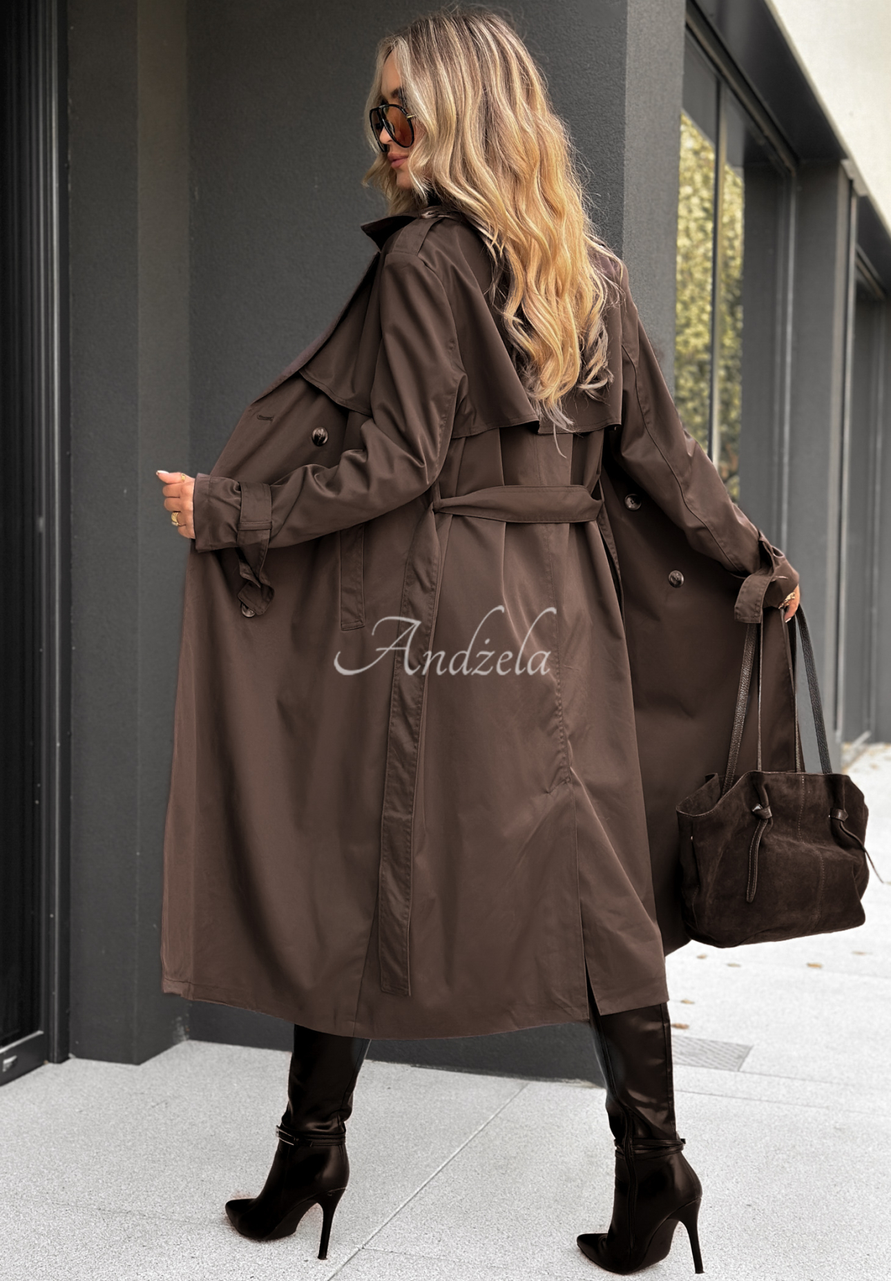 Langer Trenchcoat mit Gürtel Gone With Rain Schokoladenbraun